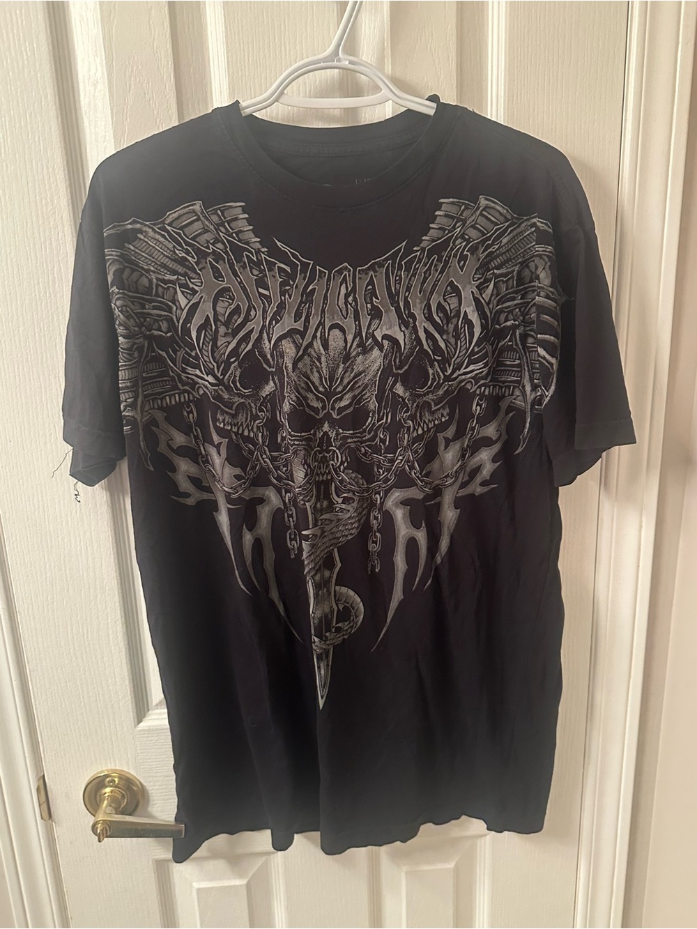 Affliction Black Graphic Short Sleeve Tee with Silver Print